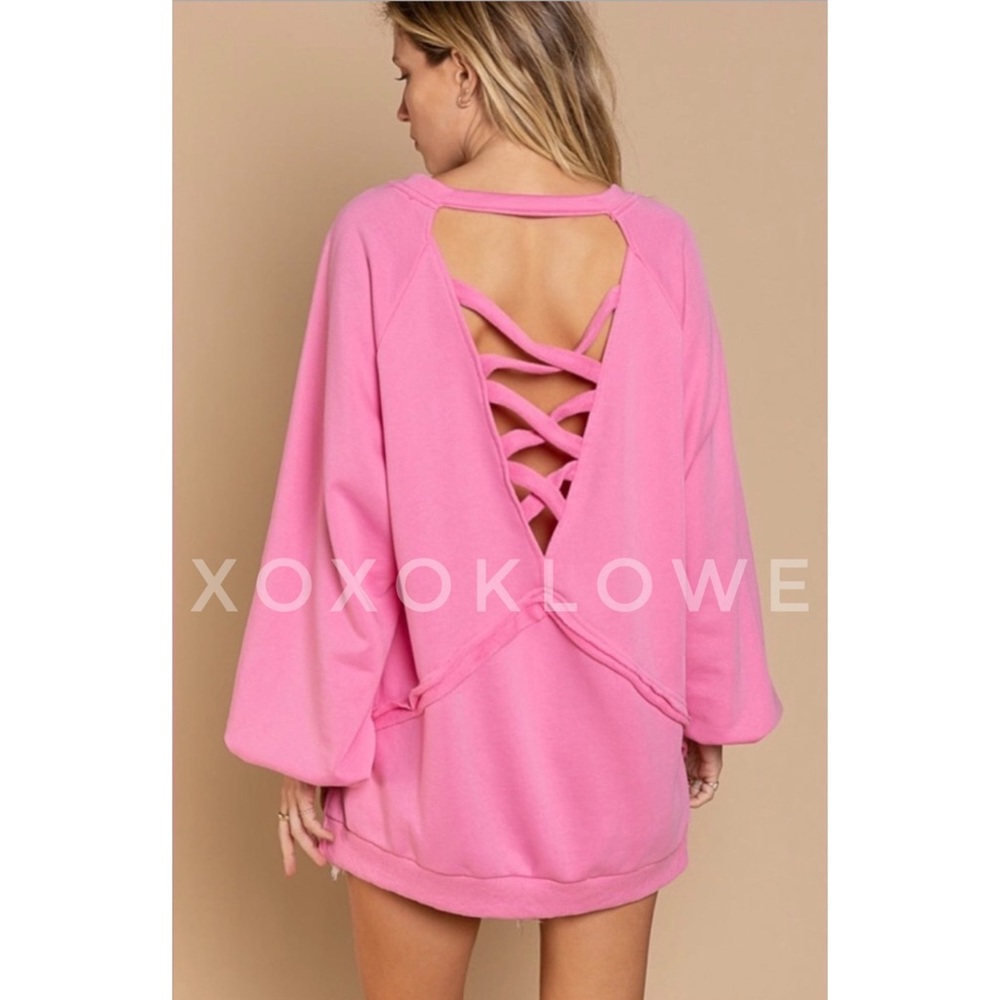 POL Pink French Terry Criss Cross Back Pullover | Slouchy Fit - Picture 9 of 12